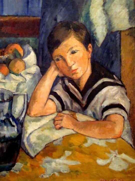 佩德罗·内尔·戈麦斯绘画-男孩坐在桌子旁-哥伦比亚麦德林