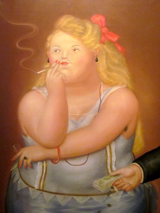 一幅金发女人抽烟的画。