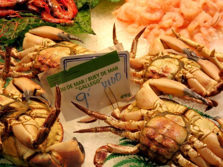 在波盖利亚市场展出的螃蟹和虾。
