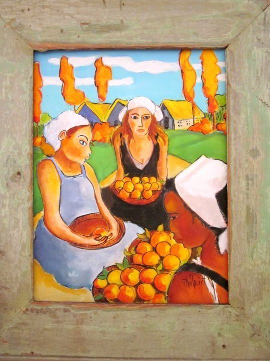 德克萨斯州奥斯汀艺术家珍妮·菲尔奎斯特——画了三个拿着橘子的女人
