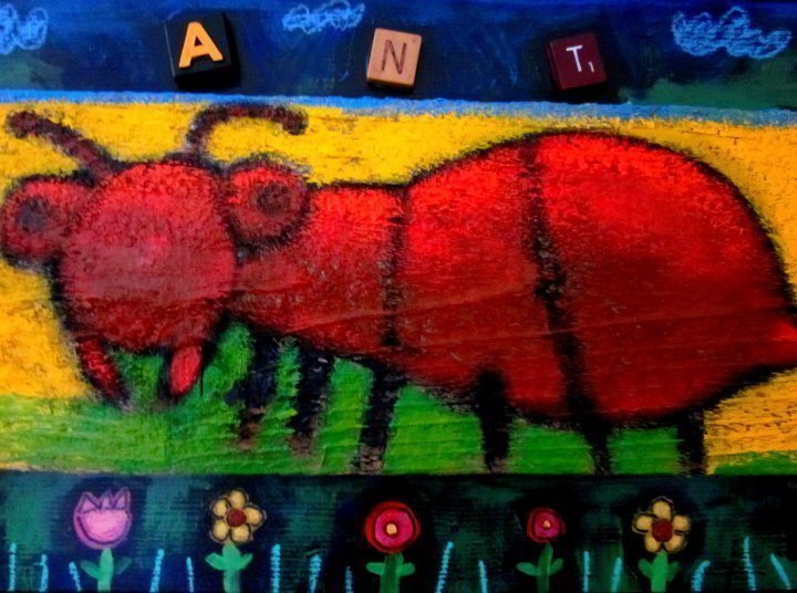 民间艺术奥斯汀TX艺术家特雷尔鲍威尔-蚂蚁画在木材-混合媒体