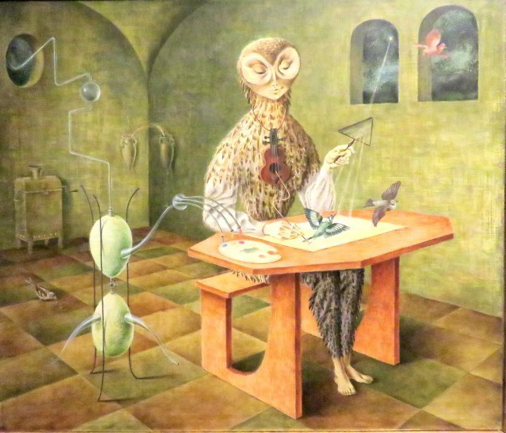 墨西哥城的贝拉艺术博物馆(Museo de Bellas Artes)，这里展示的是雷麦黛丝·瓦罗(Remedios Varo) 1957年的画作《鸟的创造》