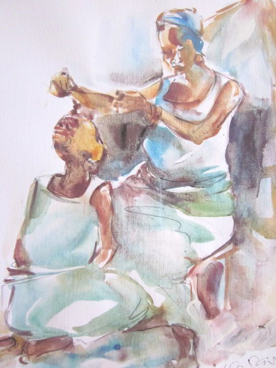 旅行时收集的艺术-乌德·戴夫的母亲和女儿水彩画-尼日利亚哈科特港