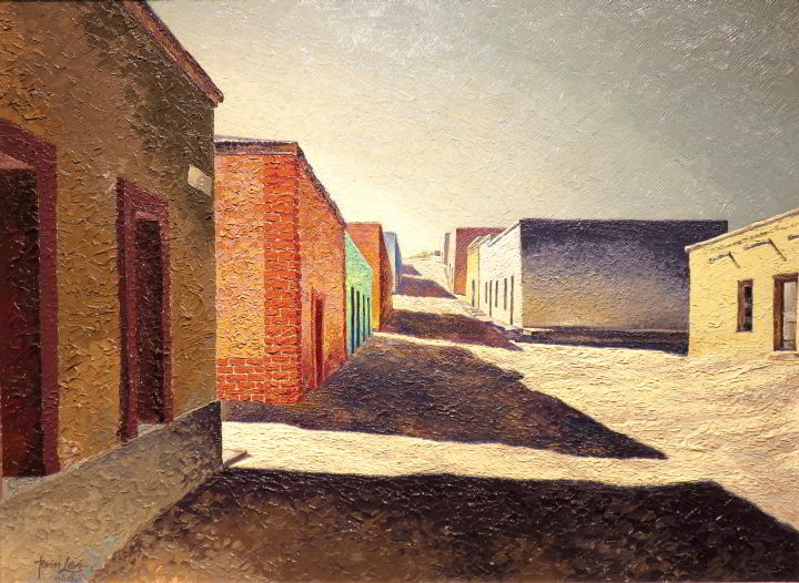 这幅画描绘的是砖房在泥土上投下长长的影子——汤姆·李于1960年创作