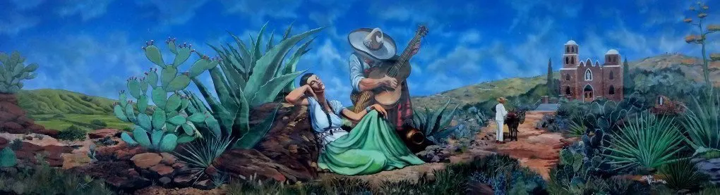 根据Jesus Helguera的画作Poco y Poquito绘制的壁画，一个男人在他旁边的女人旁边弹吉他