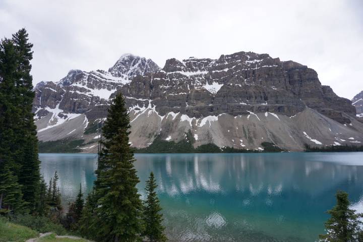 弓湖是由冰川滋养的。在加拿大阿尔伯塔省班夫国家公园的冰原公园大道上自驾旅行，看看这个令人惊叹的海蓝宝石色湖泊
