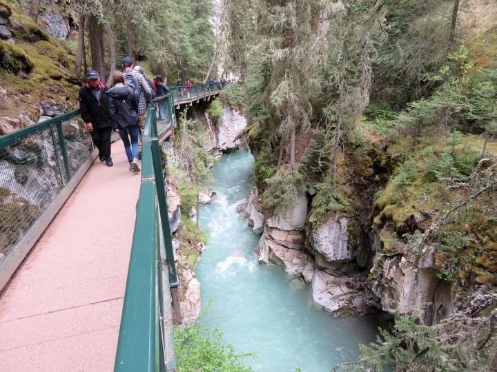 People hike on elevated walkway at Johnston Canyon Banff