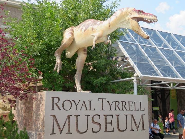 雷克斯霸王龙欢迎游客参观加拿大阿尔伯塔省德拉姆海勒荒地的皇家泰瑞尔博物馆。