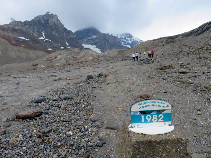 阿萨巴斯卡冰川徒步旅行路径上的1982年标记标志着冰川曾经到达山上的地方。