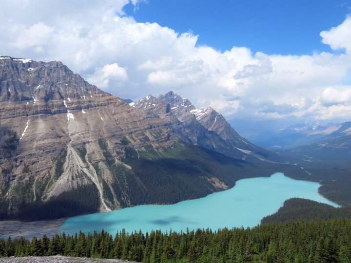 佩托湖，形状像一只狐狸，有着令人惊叹的蓝绿色，是加拿大阿尔伯塔落基山脉93号冰原公园路高速公路上最受欢迎的站点之一