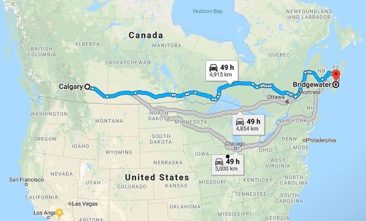 从卡尔加里到新斯科舍省的穿越加拿大公路之旅，从谷歌地图上选择驾驶路线