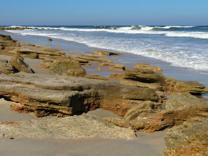 Coquina岩石沿海洋海滩在河流到海洋保护佛罗里达。
