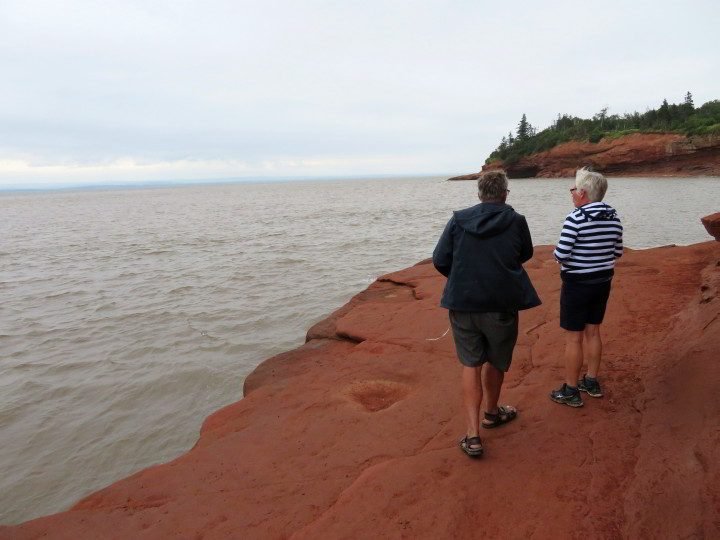 游客们看到芬迪湾的涨潮淹没了他们几个小时前走过的海底。