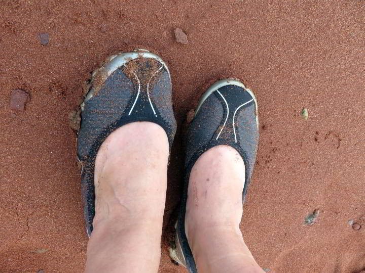 一双脚穿的鞋上有沙子。