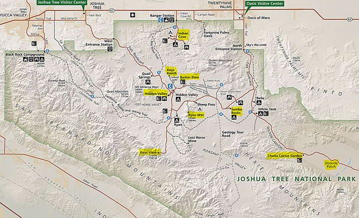 约书亚树国家公园的地图，远足路线以黄色突出显示