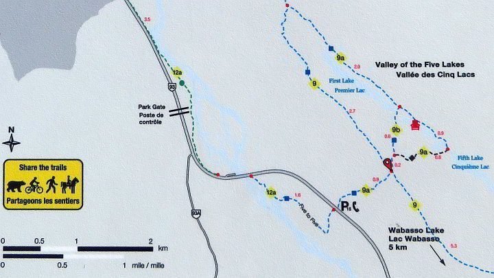 贾斯帕国家公园徒步旅行路线的五湖山谷地图