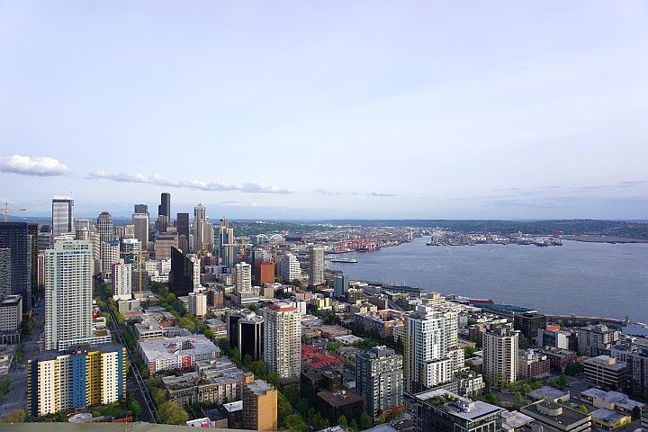 从太空针塔俯瞰西雅图市中心的建筑和海滨
