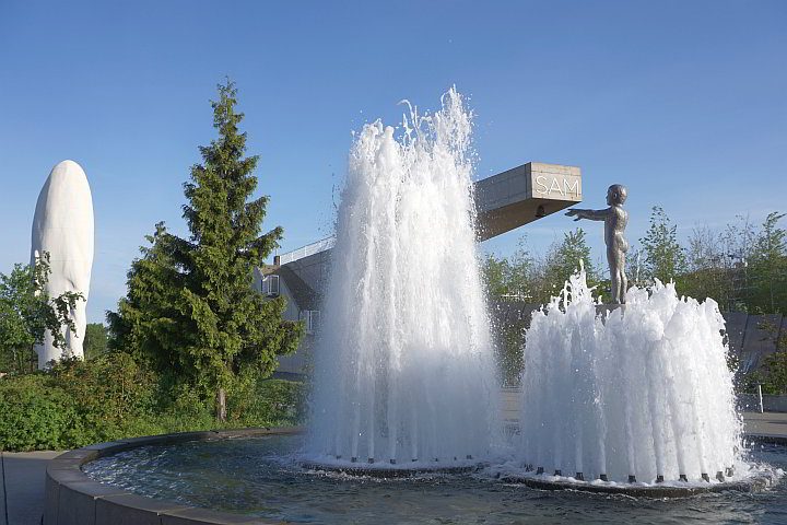 西雅图奥林匹克雕塑公园的喷泉和雕塑。