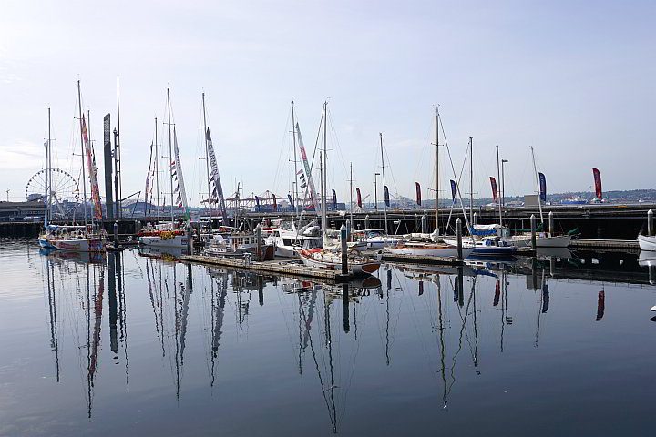 帆船停靠在西雅图市中心海滨的66号码头