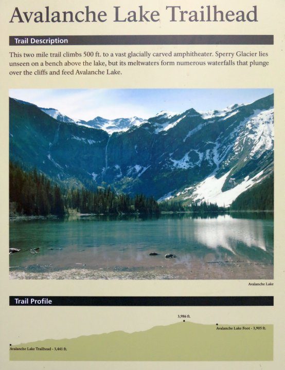 雪崩湖的标志与小径信息和照片的湖。