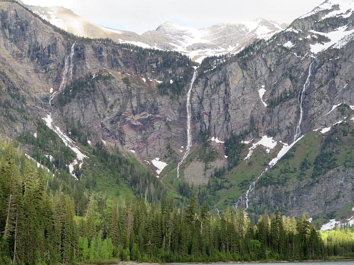 瀑布从蒙大拿州雪崩湖徒步旅行的斯佩里冰川流下。