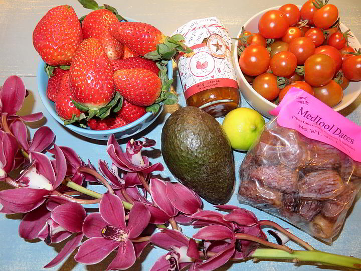草莓，果酱，西红柿，鳄梨，柠檬，梅珠枣，兰花。