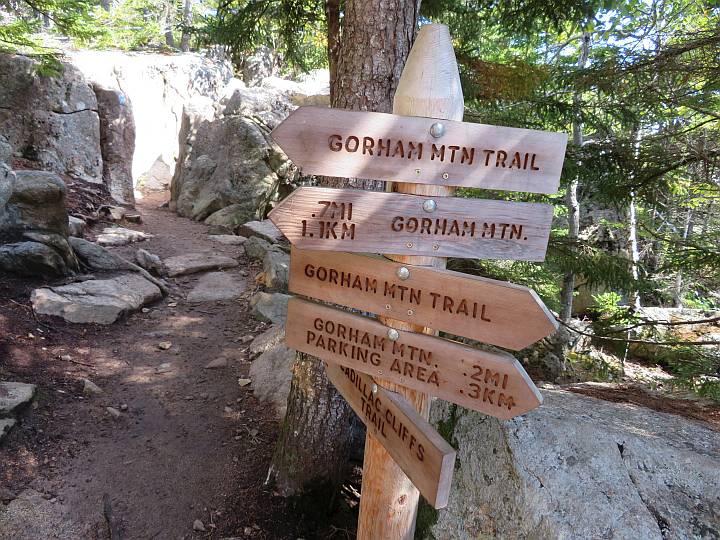 阿卡迪亚国家公园的五个木制徒步指示牌。