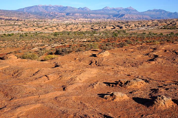 前景为红色砂岩景观，背景为La Sal山脉。