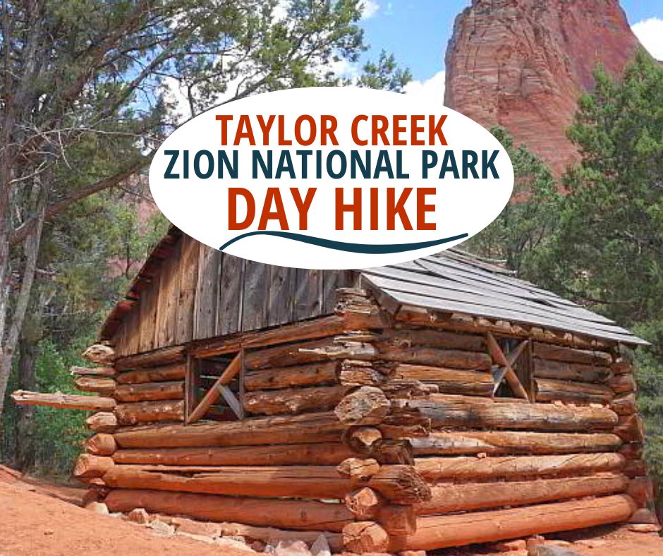 有树木和红色岩层的木屋。文字叠加:泰勒溪锡安国家公园日徒步旅行