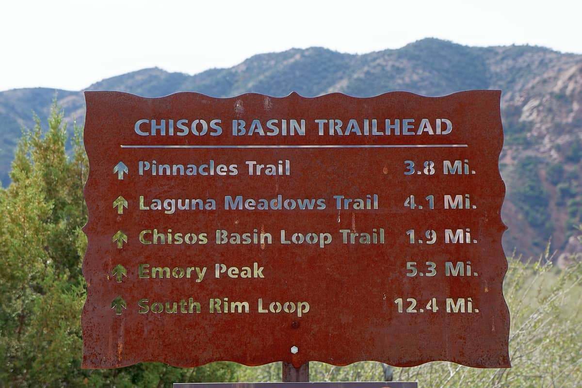 Chisos盆地Trailhead远足和距离列表。