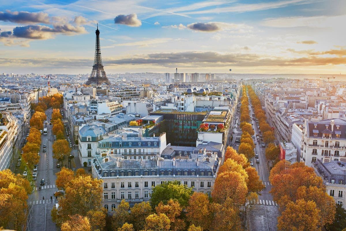 秋天的巴黎鸟瞰图，金色的树叶和埃菲尔铁塔。
