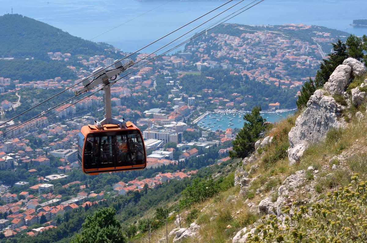 杜布罗夫尼克缆车与山顶的城市景观。