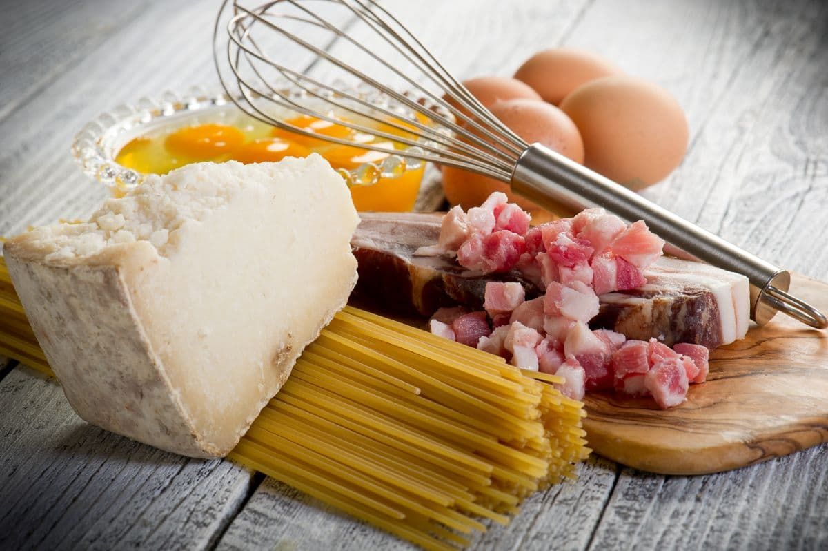 意大利干酪意面的原料:蛋黄、罗马佩科里诺干酪、意大利面和猪腰肉。