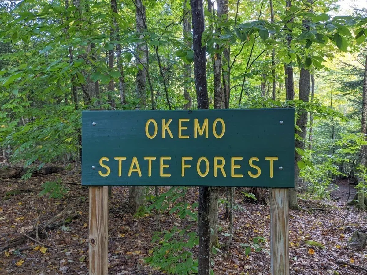 佛蒙特州森林小径上的奥克莫州立森林标志。